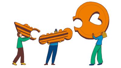 Illustratie figuren tillen een gebroken sleutel