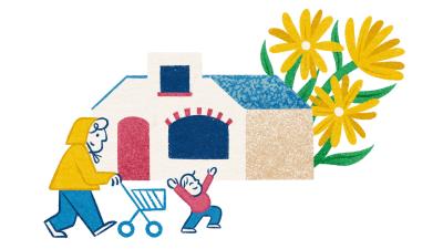 Illustratie huis, mensen en bloemen