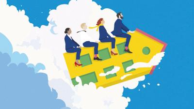 Illustratie 4 personen op een vliegend huis