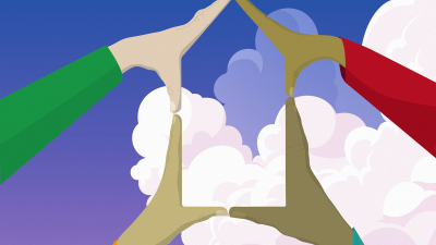 Illustratie - 4 handen vormen silhouet van een huis