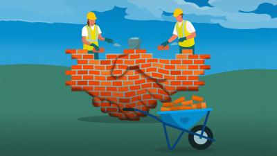 Illustratie bouwvakkers metselen muur, bakstenen muur in de vorm van een handschake