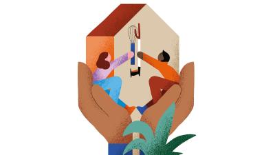 Illustratie van 2 handen met daarin een huis en 2 figuren