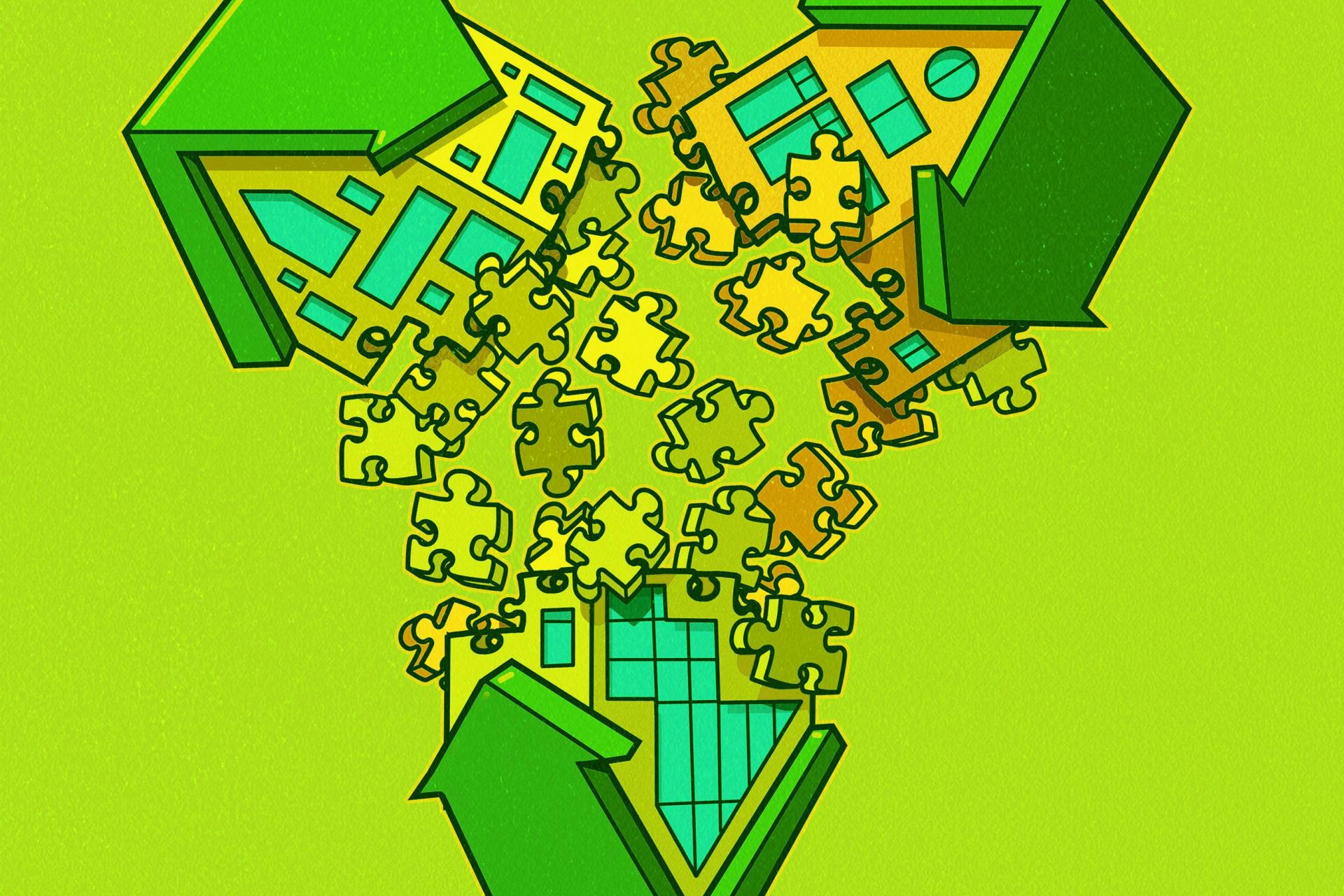 Tekening van 3 in puzzelstukjes uiteenvallende huizen met groen achtergrond