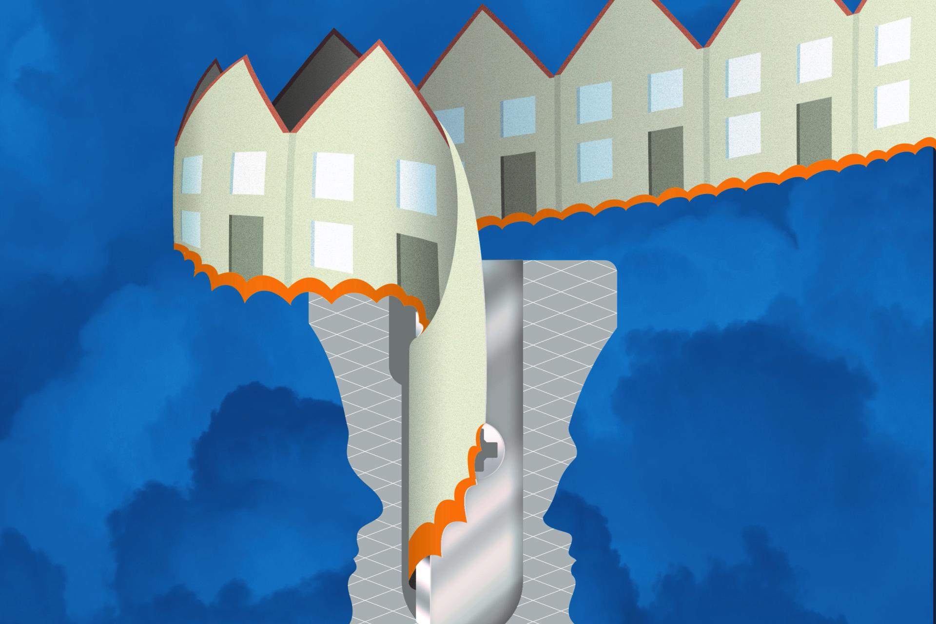 Illustratie van een rij huizen met een scheurrand, die links gedraaid tussen 2 gezichten die visueel een puntenslijper maken als het ware afrolt