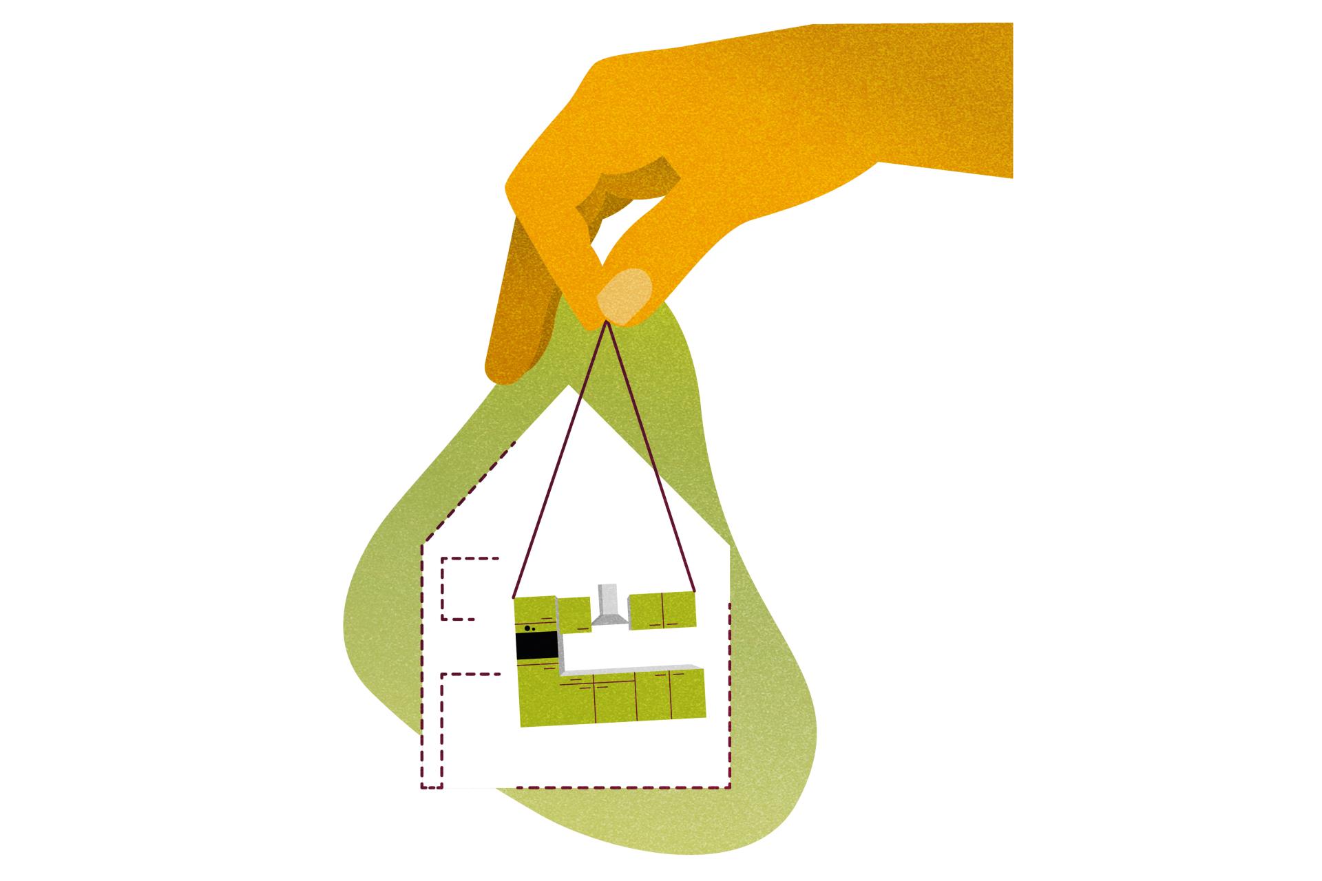 Tekening van een hand die een woning plukt