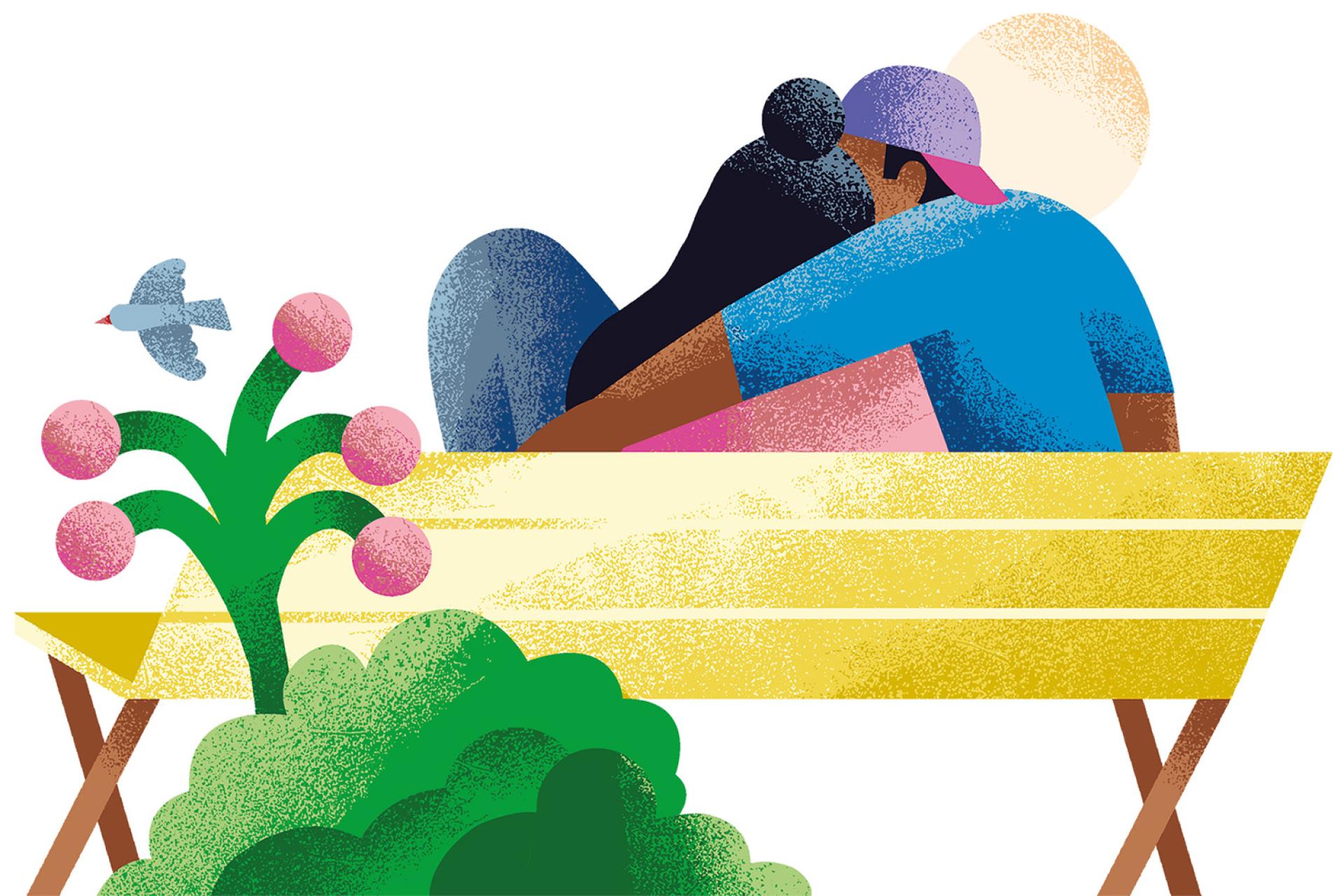 Illustratie Ontmoeting - stel op bankje