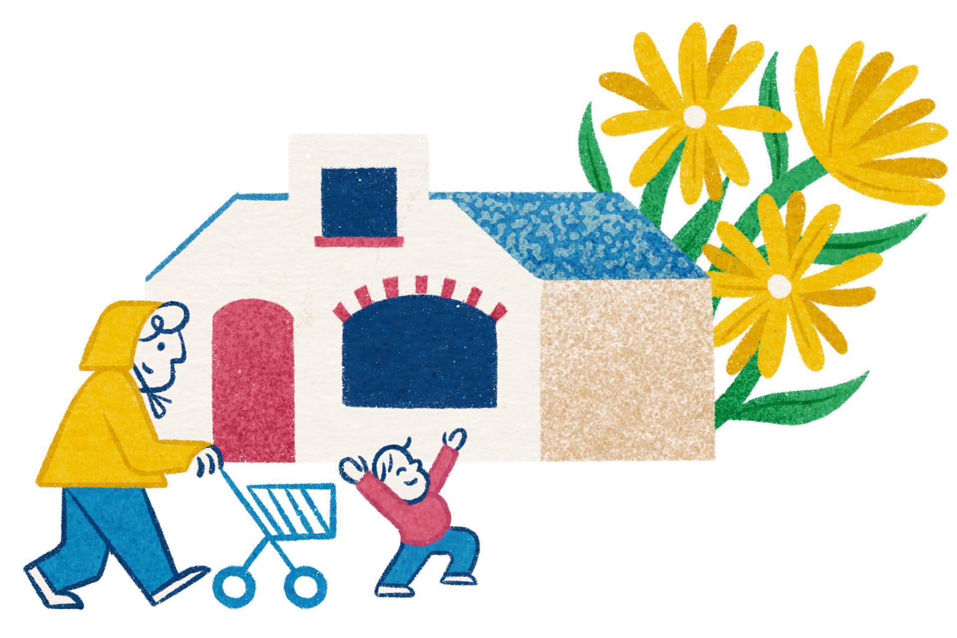 Illustratie huis, mensen en bloemen