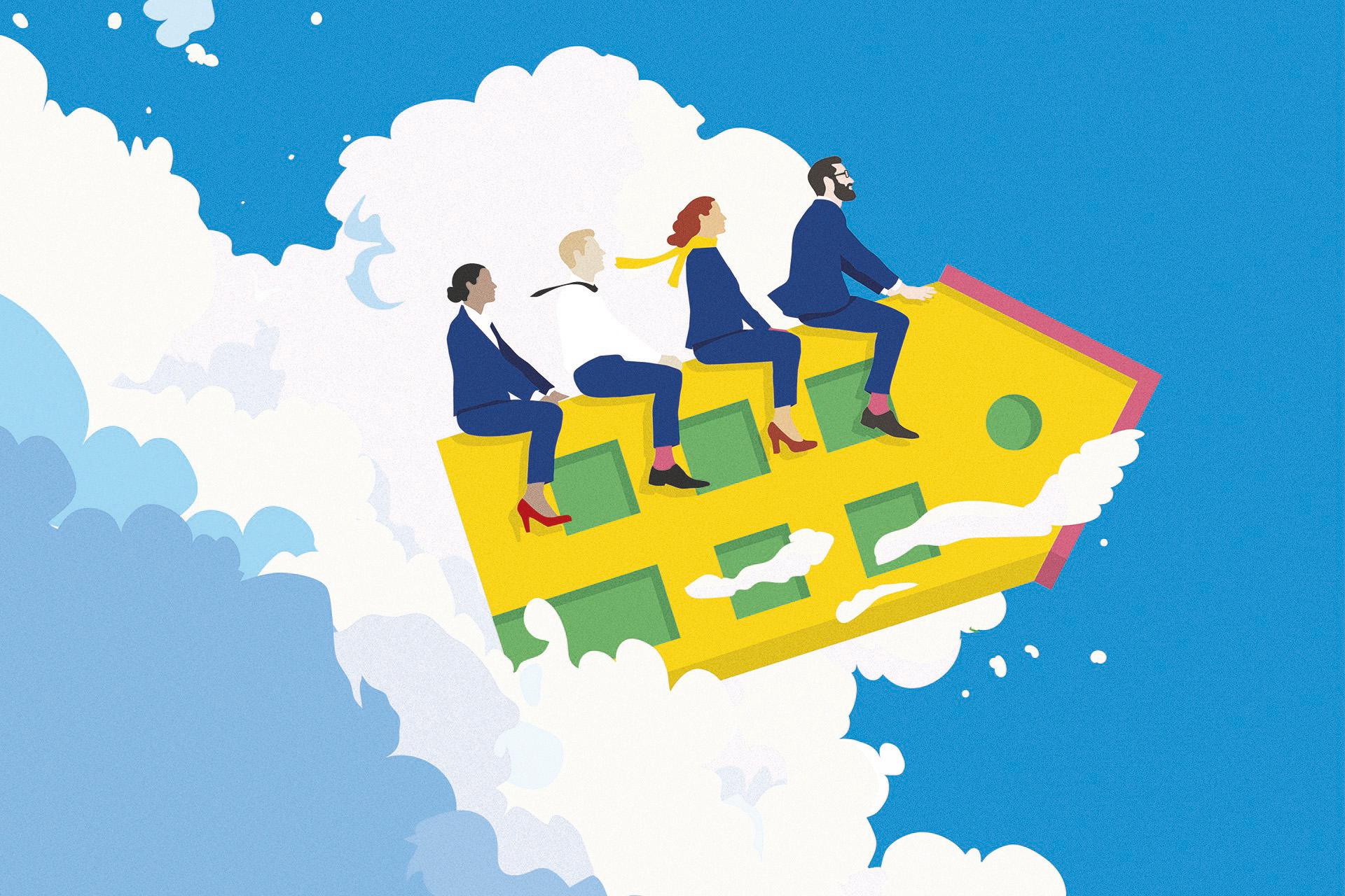 Illustratie 4 personen op een vliegend huis