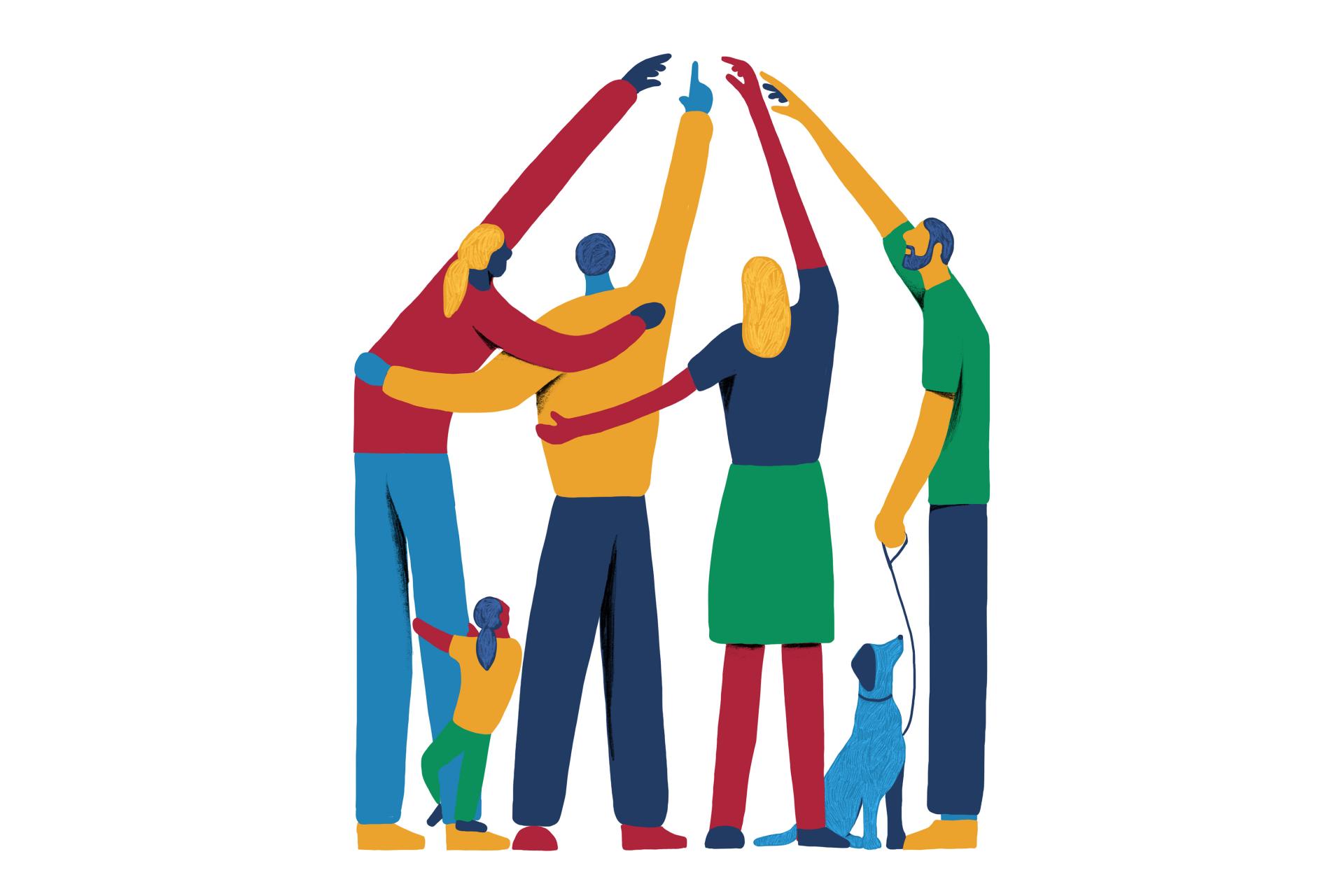 Illustratie groep mensen wijst omhoog