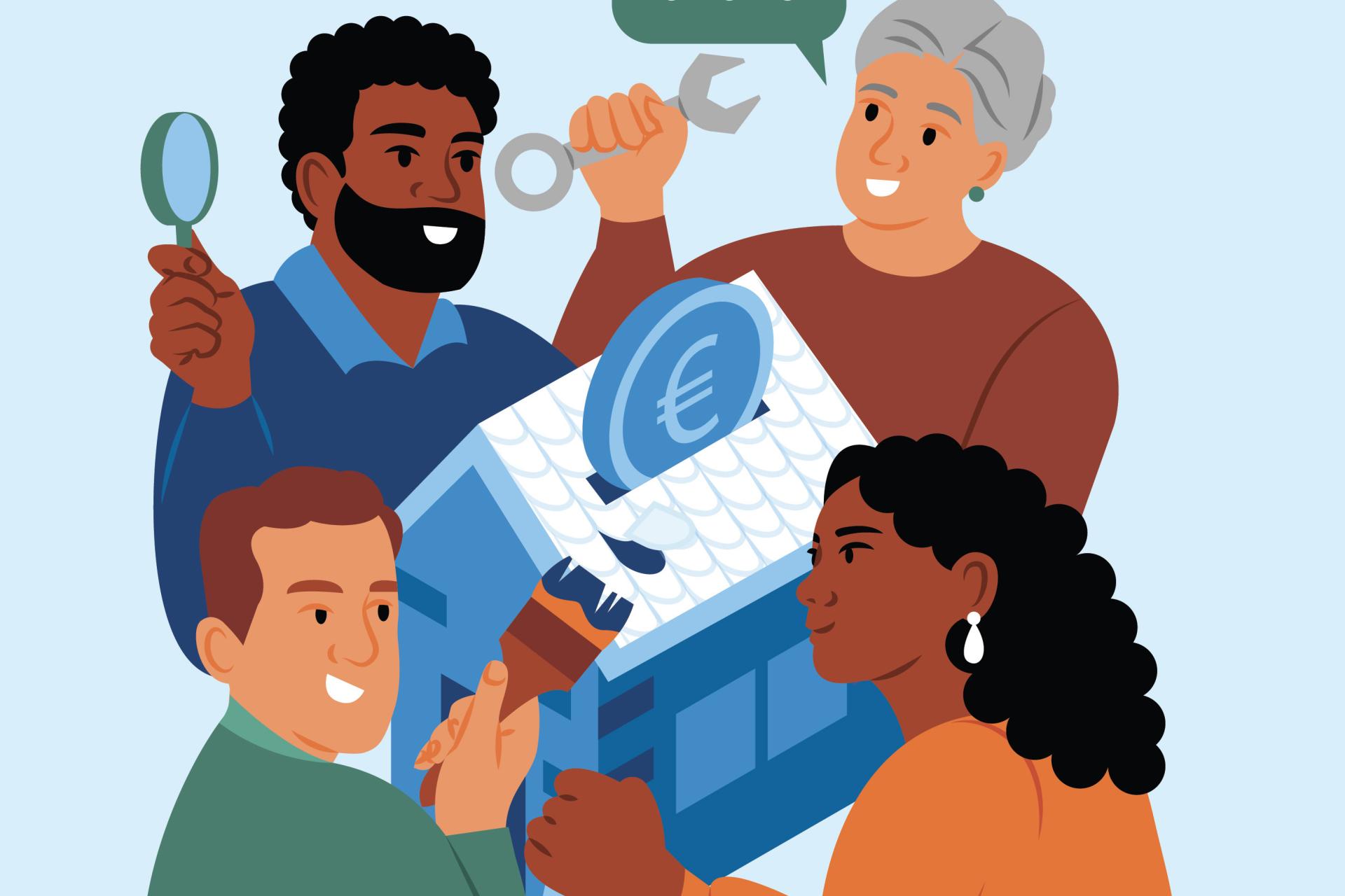 Illustratie van 4 mensen die huis opknappen