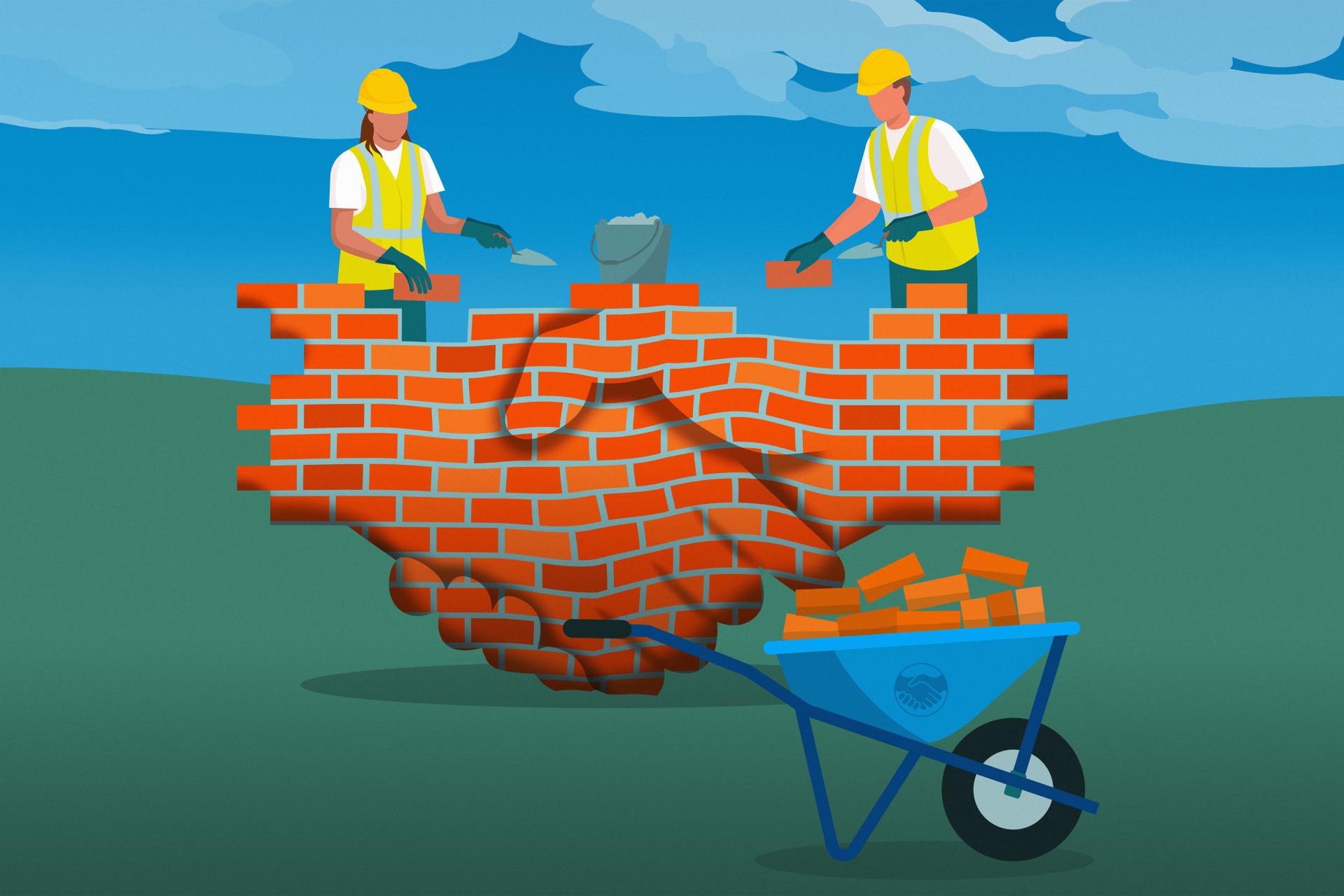 Illustratie bouwvakkers metselen muur, bakstenen muur in de vorm van een handschake