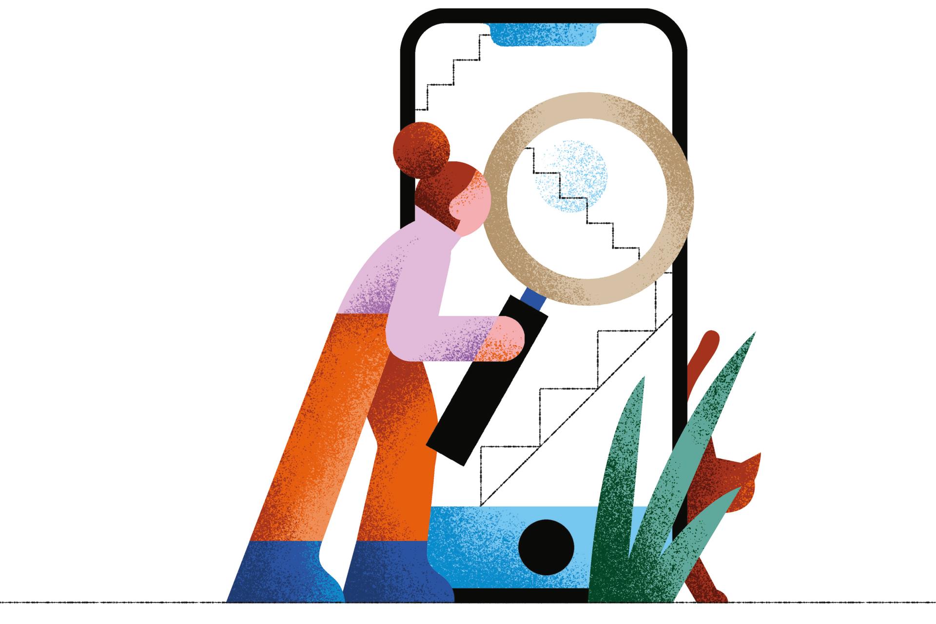 Illustratie figuur met reuze vergrootglas