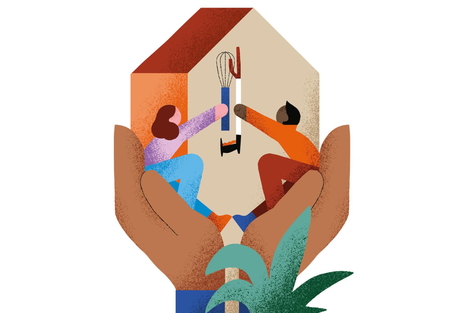 Illustratie van 2 handen met daarin een huis en 2 figuren