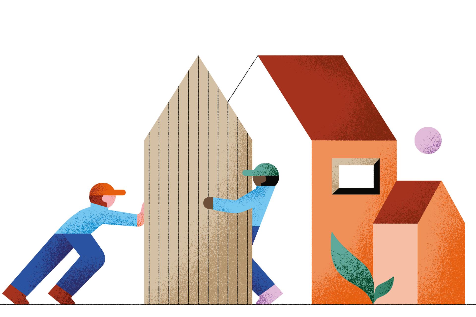 Illustratie: 2 figuren duwen een gevel van bamboe tegen een huis