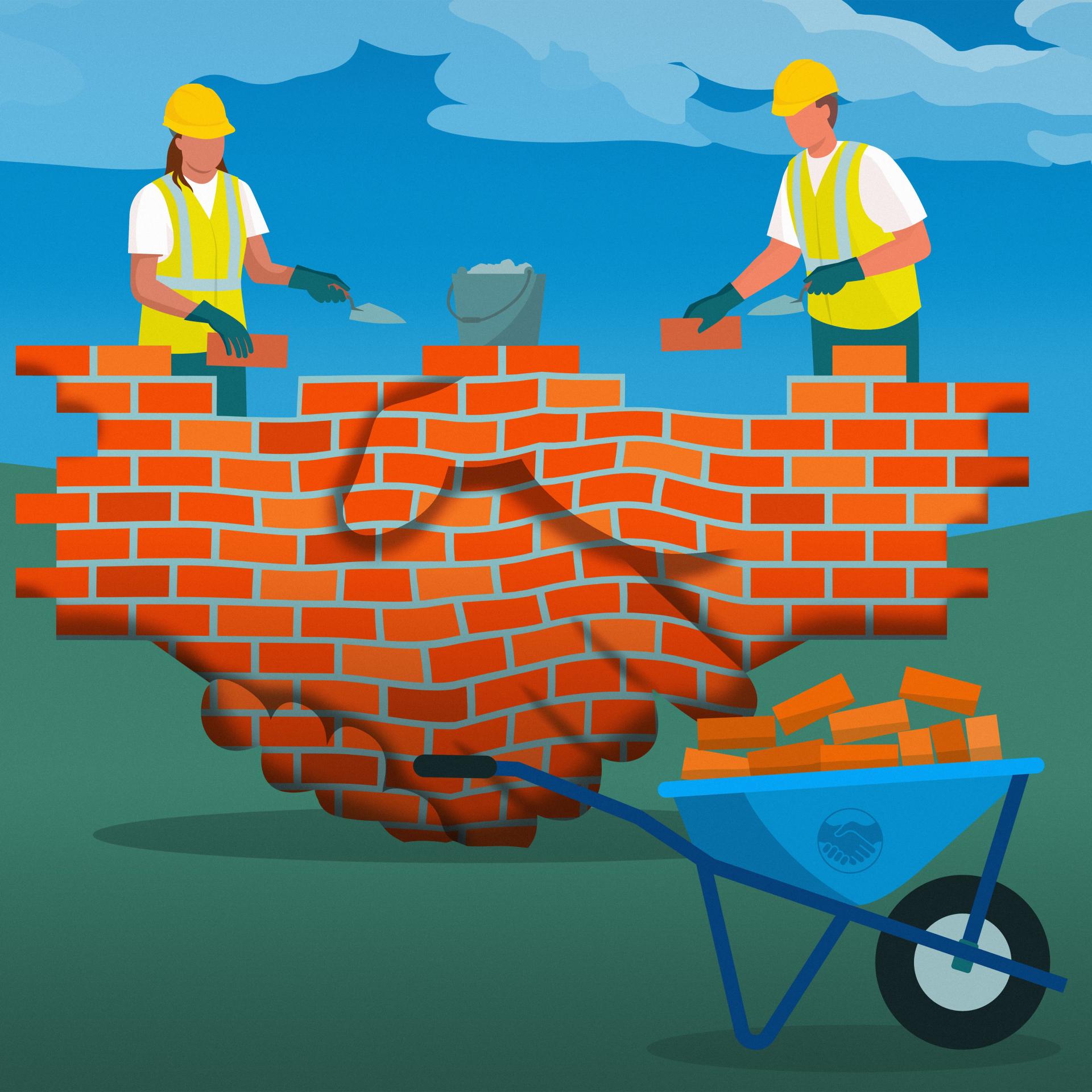Illustratie bouwvakkers metselen muur, bakstenen muur in de vorm van een handschake