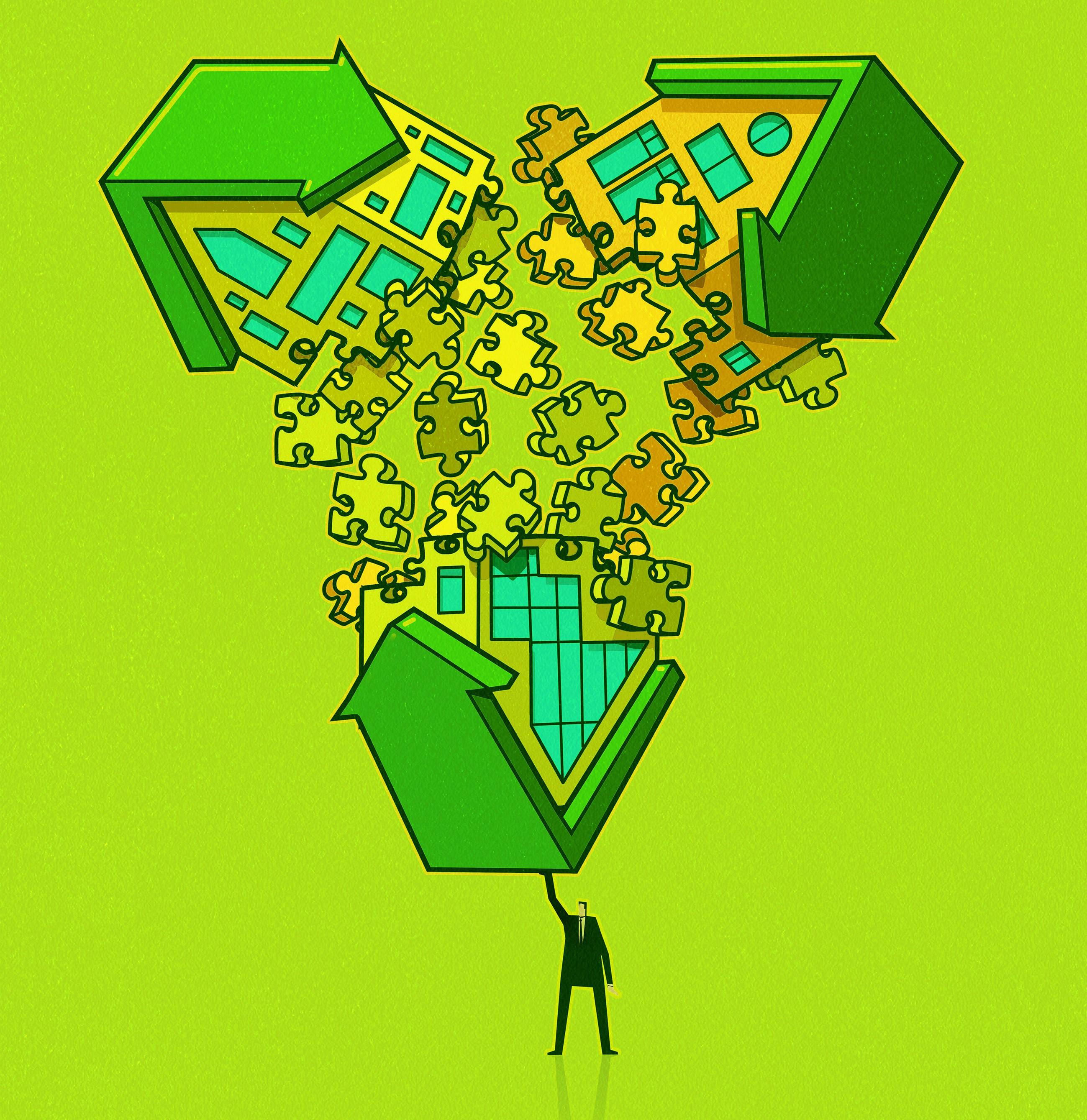 Tekening van 3 in puzzelstukjes uiteenvallende huizen met groen achtergrond
