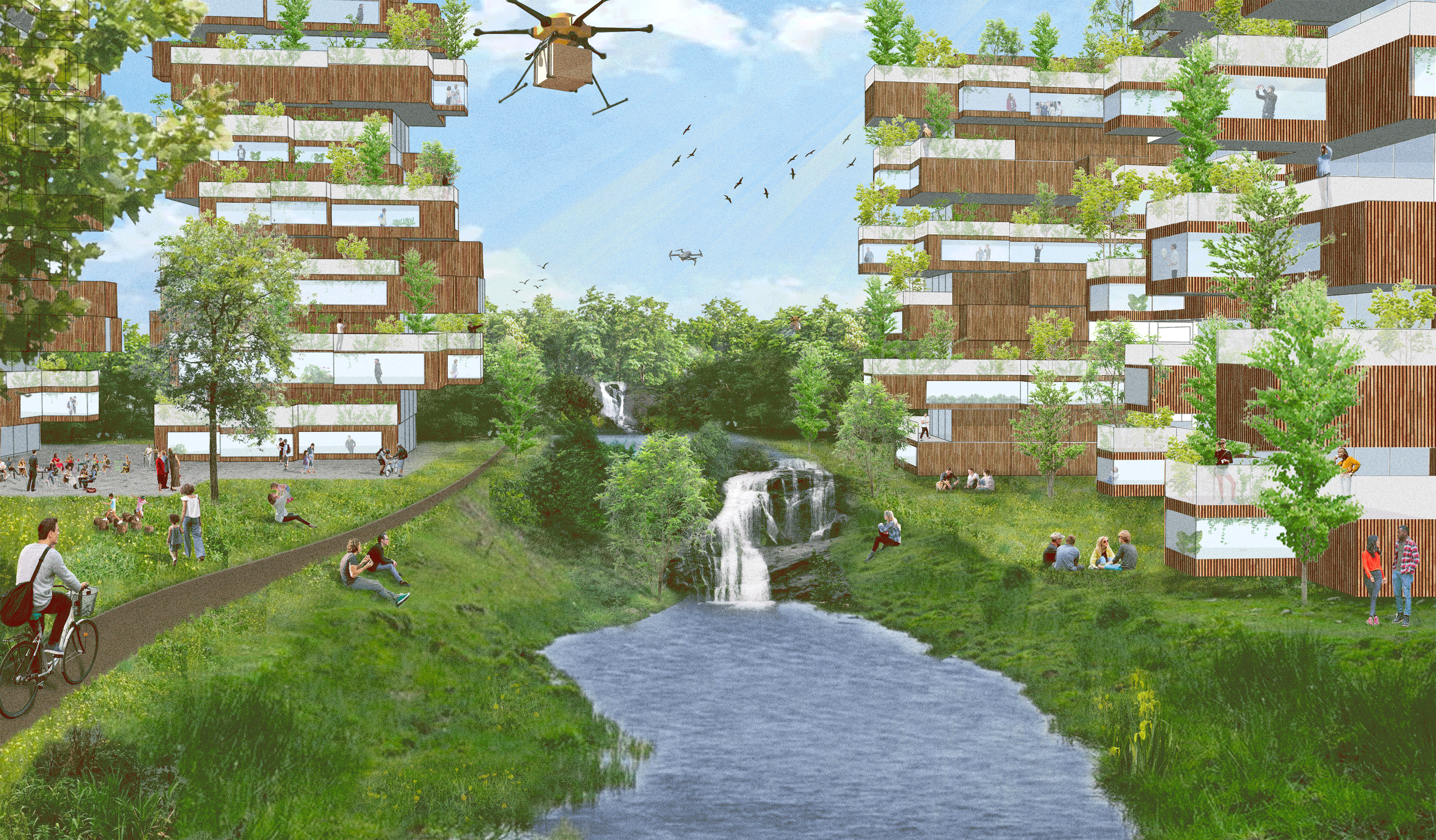 Getekend toekomstige woonomgeving met hoogbouw (met bomen op balkon) en een water er tussen in en mensen die recreëren langs het water