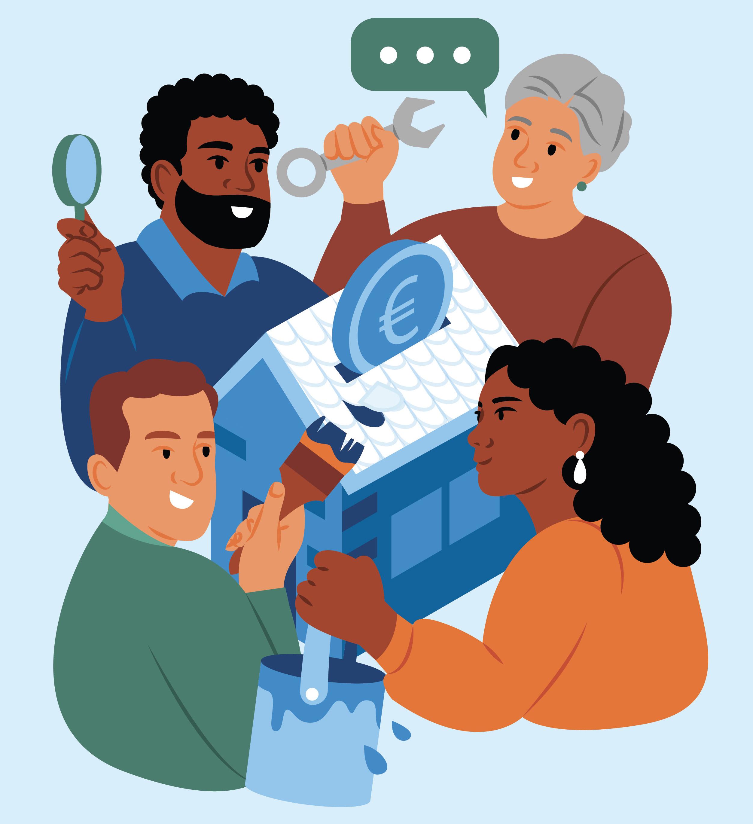 Illustratie van 4 mensen die huis opknappen